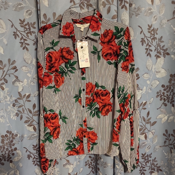 indulge Tops - Indulge Red Floral Striped Women Shirt